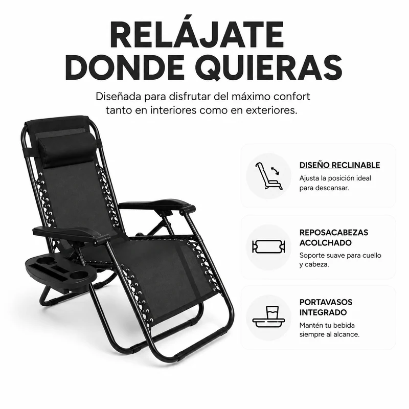 Tumbona Plegable Playa Negra Con Portavasos