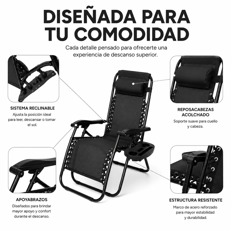 Tumbona Plegable Playa Negra Con Portavasos