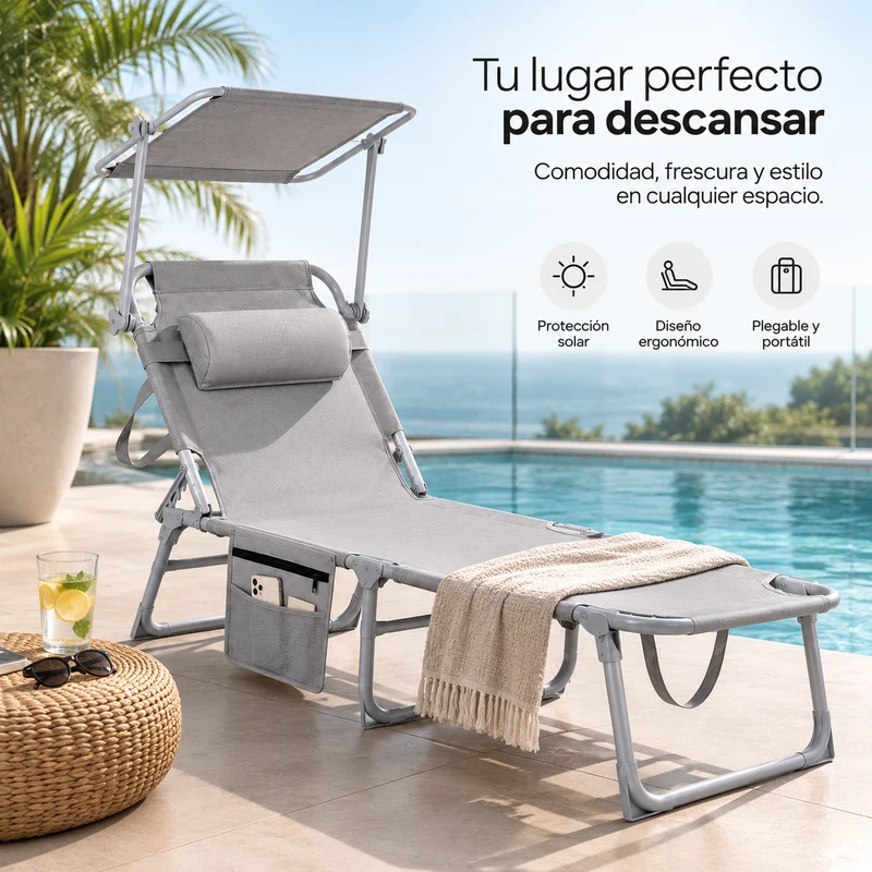Tumbona Plegable Con Parasol Ajustable Para Jardín Y Playa
