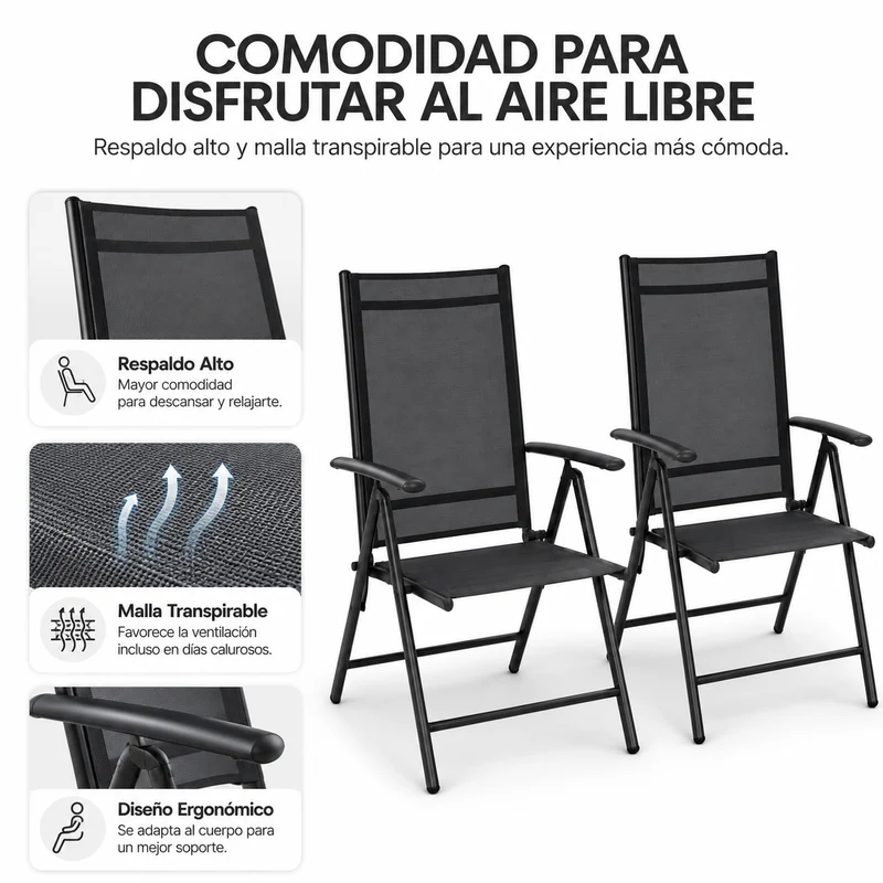 Sillas Plegables De Jardín Pack De 2 Aluminio Antracita Con Asiento Textil