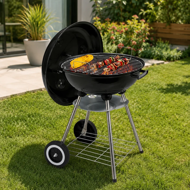 Barbacoa de Carbón Redonda Portátil con Tapa y Ventilación