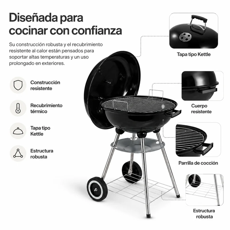 Barbacoa de Carbón Redonda Portátil con Tapa y Ventilación