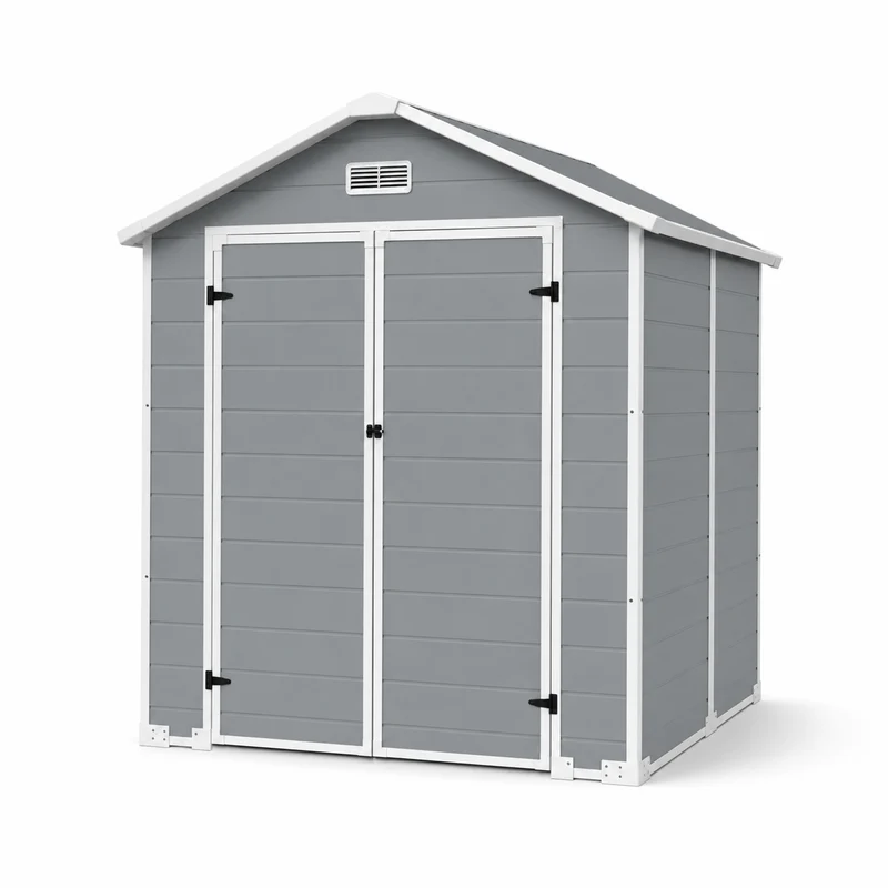 Caseta de jardín XL de resina 6x5" con ventana, doble puerta, ventilación y cierre de seguridad