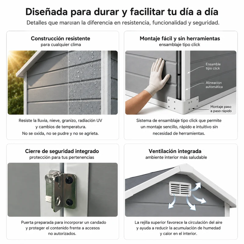 Caseta de jardín de resina 4x3" para exterior con ventana, ventilación y cierre de seguridad