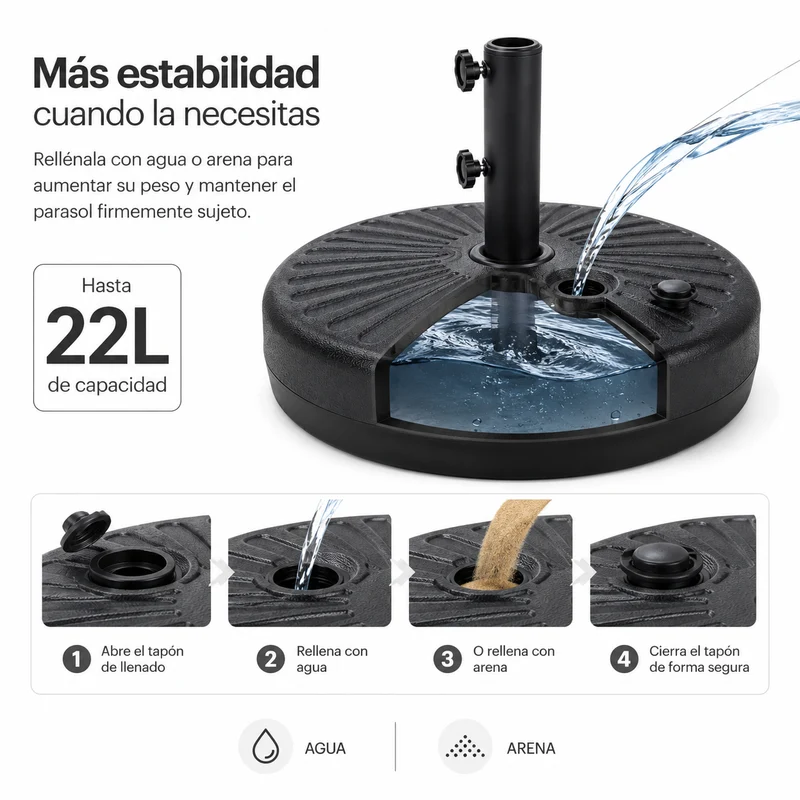 Base Para Sombrilla Rellenable 22 L Con Soporte Central