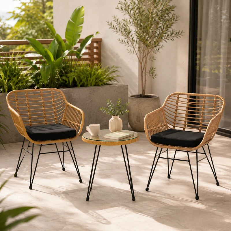 Conjunto Jardín Ratán Con 2 Sillones Y Mesa Redonda Para Terraza Y Balcón