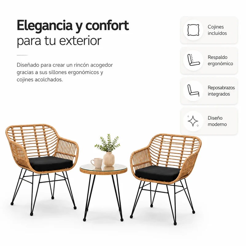 Conjunto Jardín Ratán Con 2 Sillones Y Mesa Redonda Para Terraza Y Balcón