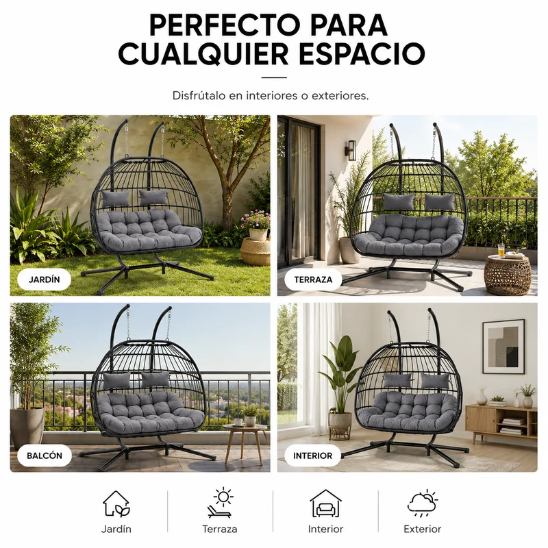 Silla Colgante Doble Huevo 2 Personas Gris