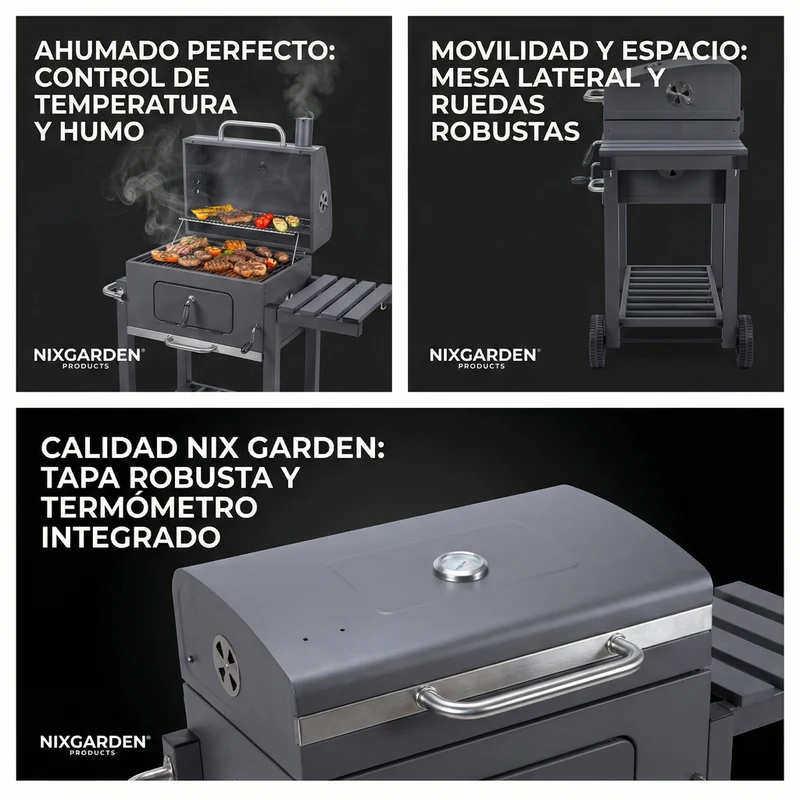 Barbacoa de carbón con ruedas para jardín y terraza con parrilla 57x42 cm