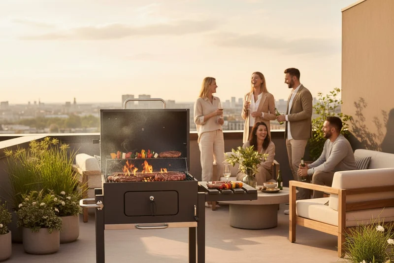 Barbacoa de carbón con ruedas para jardín y terraza con parrilla 57x42 cm