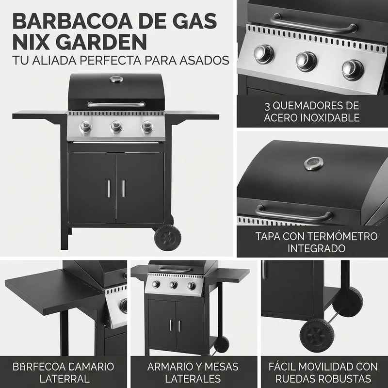 Barbacoa de gas 3 fuegos para jardín y terraza