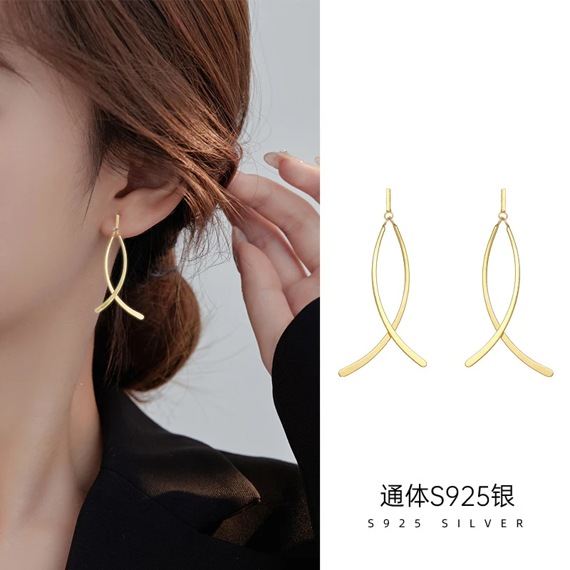 Under the banyan tree S925 silver cold wind cross temperament long earrings