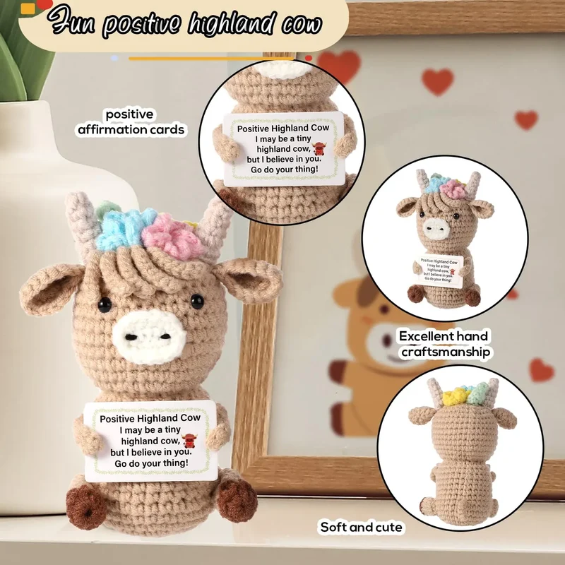 Knitted Highland Cow Crochet Doll with Inspirational Card