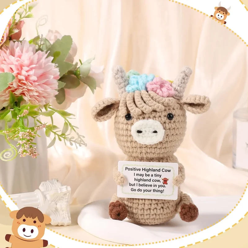Knitted Highland Cow Crochet Doll with Inspirational Card