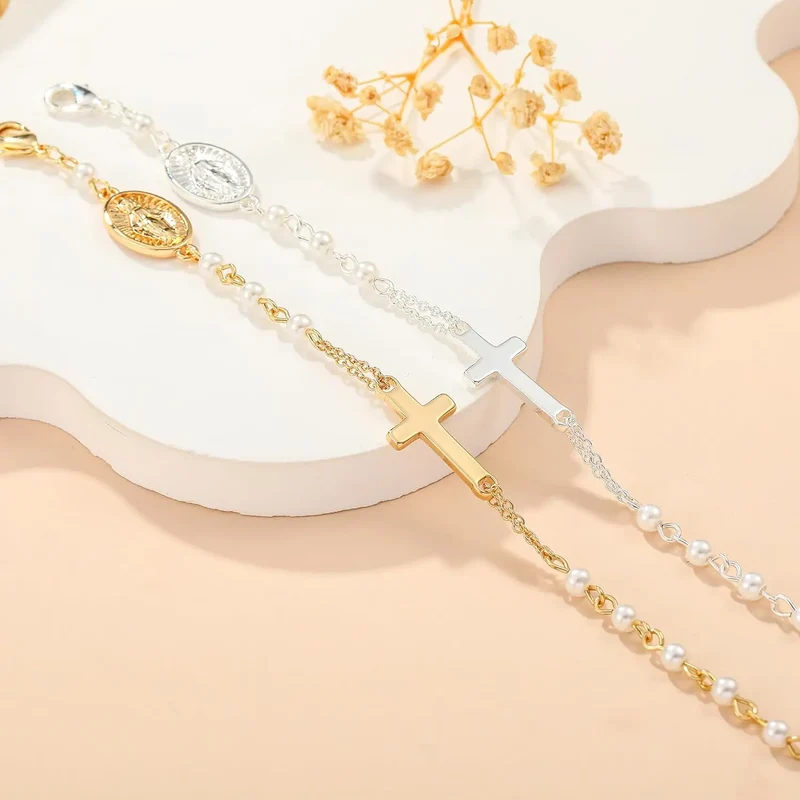 Pearl Rosary Cross Bracelet