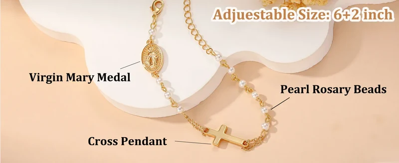 Pearl Rosary Cross Bracelet