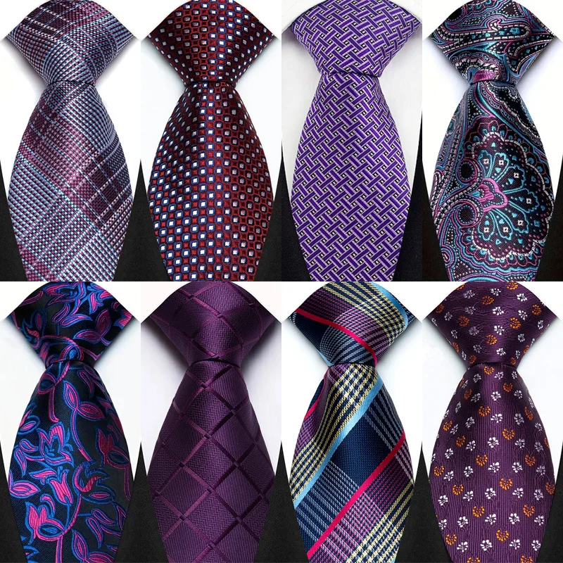 Luxury Mens Necktie Purple Color Stripes, Floral and Plaid Designs