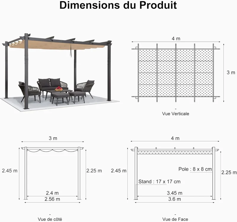 PURPLE LEAF 4x3m Pergola Aluminium Réglable avec Éclairage LED