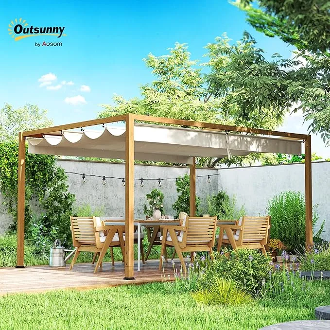 Outsunny Pergola Aluminium Retractable 4x3m Toit Polycarbonate Ajustable