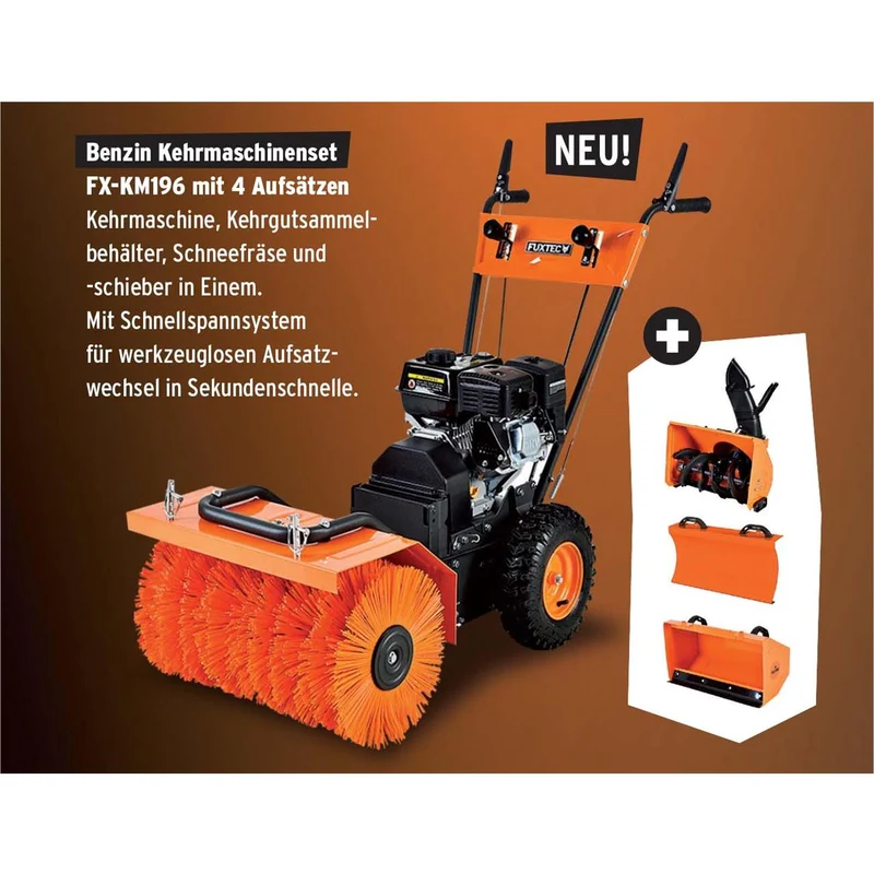 Balayeuse déneigeuse thermique FUXTEC FXKM196 SET1, avec brosse de balayage + 3 embouts fraise à neige, chasse-neige et collecteur de déchets