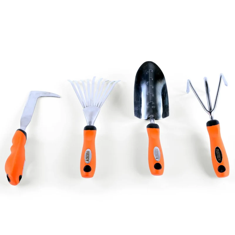 Set de 4 outils de jardin à main premium - grattoir joint, griffe 3 dents, râteau et pelle à main