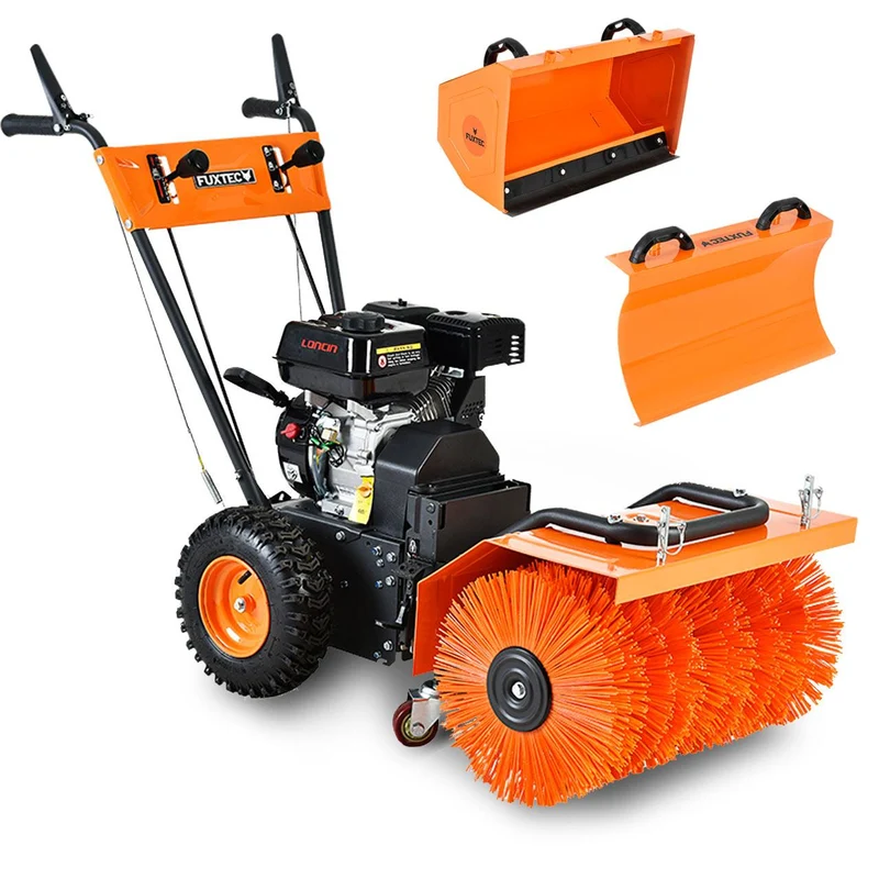 Balayeuse déneigeuse thermique FUXTEC FX-KM196 SET3, avec brosse de balayage + 2 embouts chasse-neige et collecteur de déchets