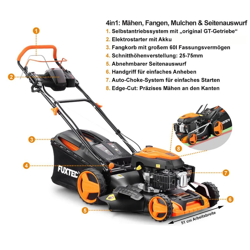 Tondeuse thermique démarrage électrique E-Start FUXTEC FX-RM5196eS avec zipgo®